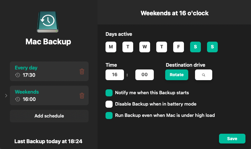 Schedule Screen of BackupSchedule